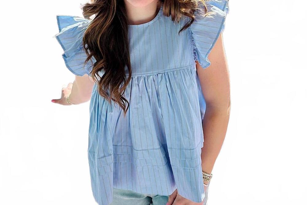 NEW SOFIE THE LABEL leah ruffle sleeve top in blue